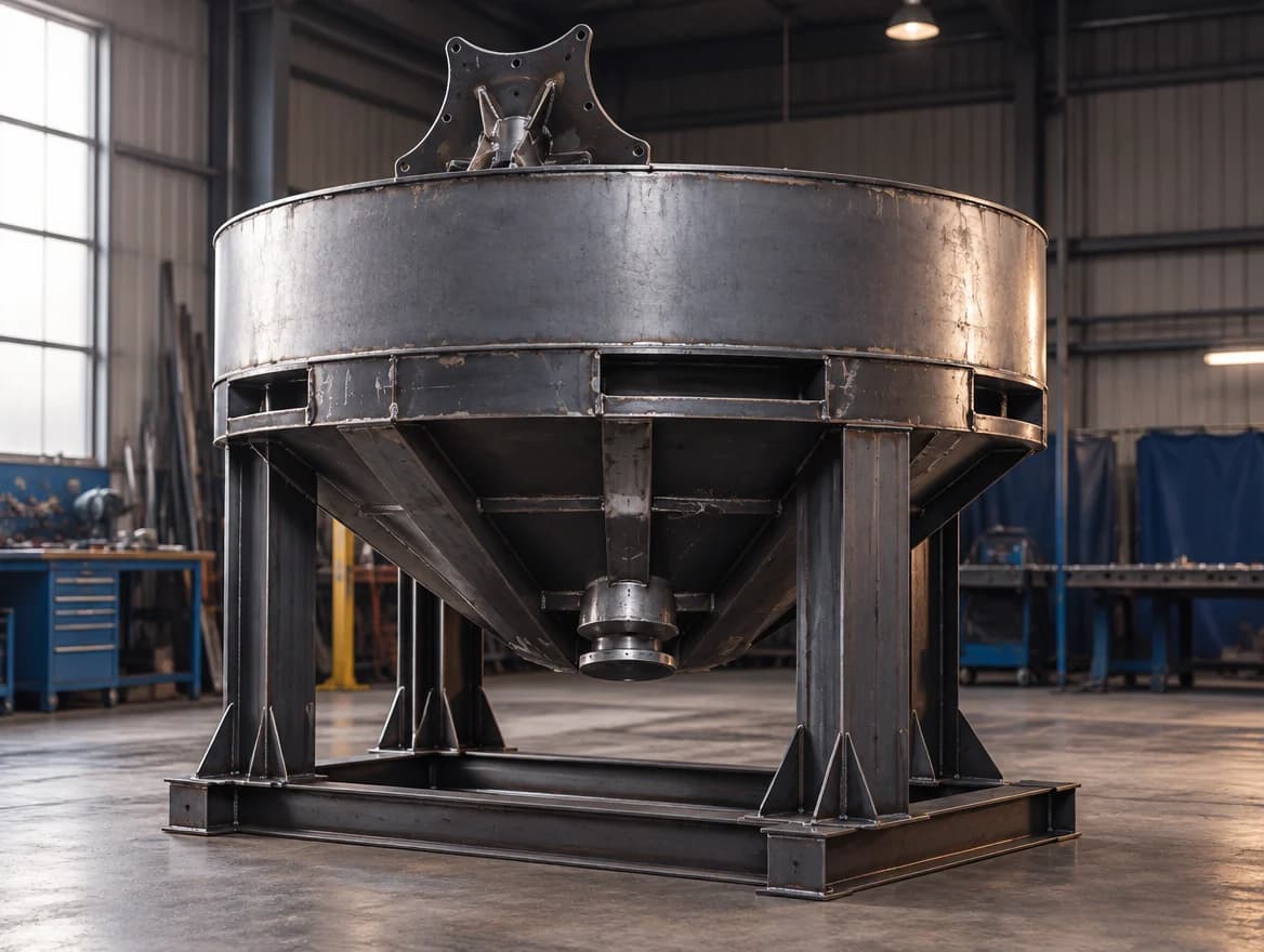 A fabricated steel hopper on a support frame