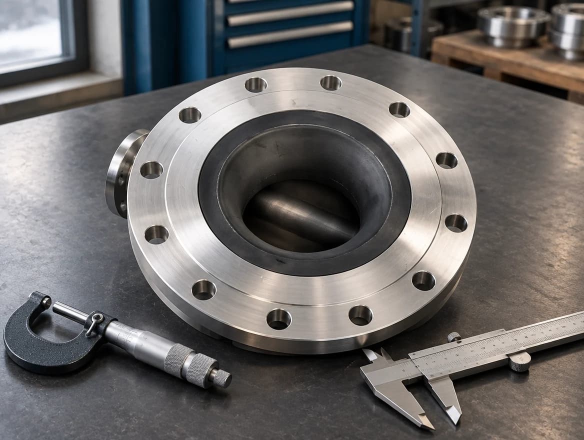 A machined flange with dimensional inspection tools