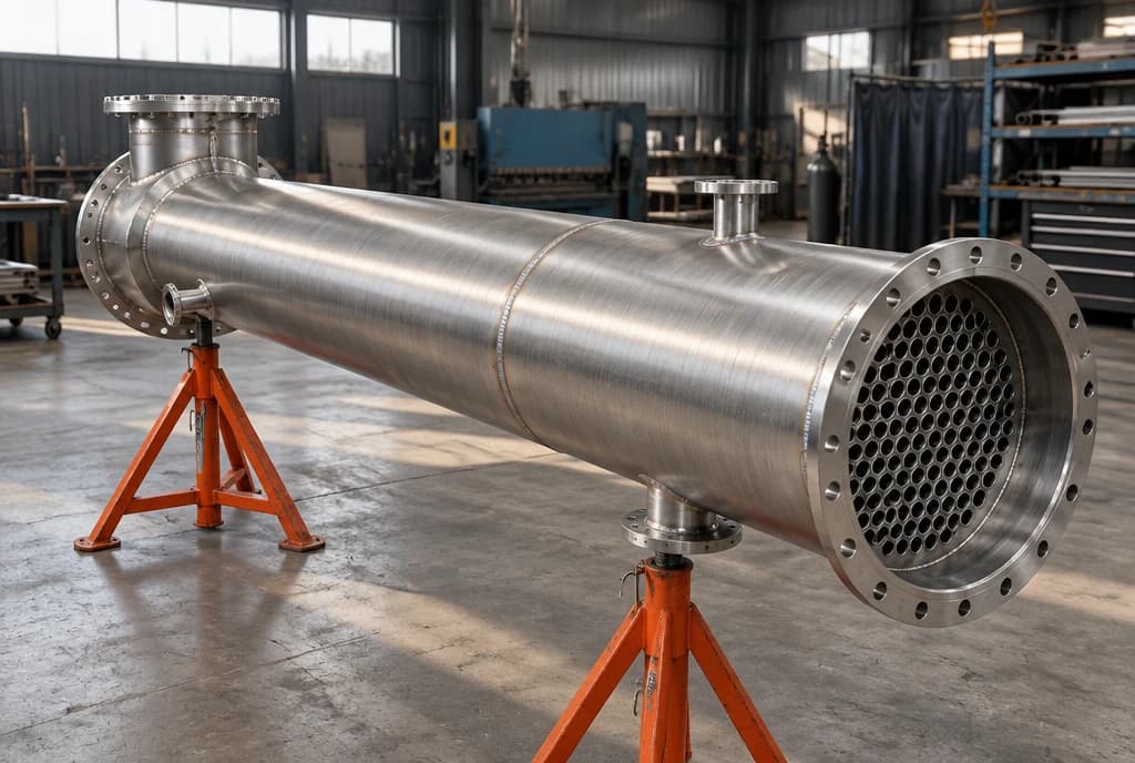 A stainless shell-and-tube heat exchanger on stands