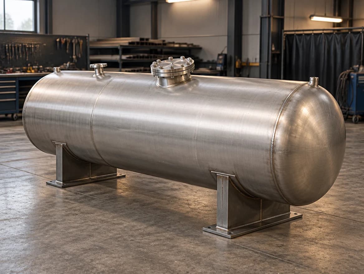 A horizontal stainless pressure vessel on saddle supports