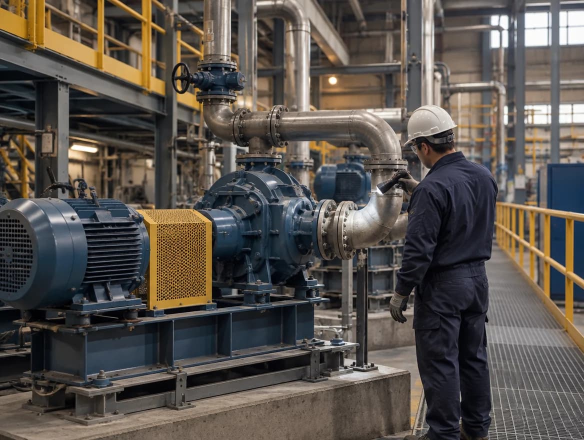 A technician inspecting plant piping and equipment