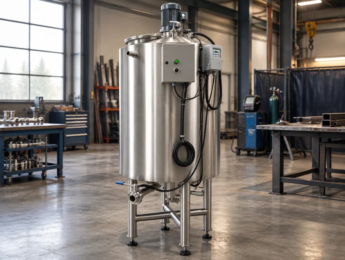 A vertical stainless process tank with an agitator and controls
