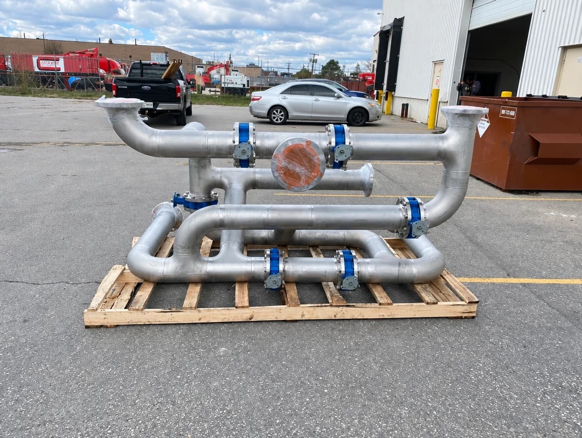 Prefabricated stainless piping module on a skid, ready for shipment